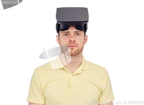 Image of man in virtual reality headset or 3d glasses