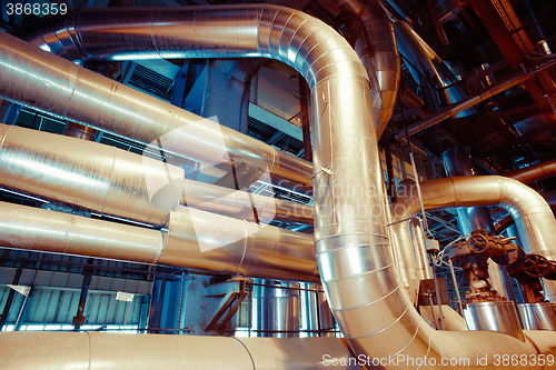 Image of Industrial zone, Steel pipelines, valves, cables and walkways