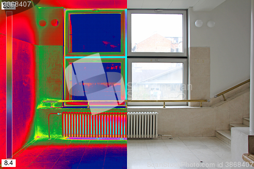 Image of Thermal and real Image of Radiator Heater and a window on a buil