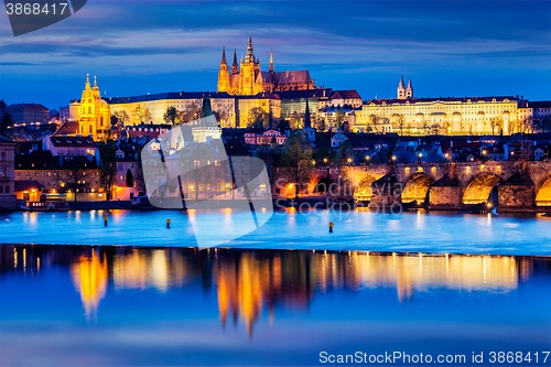 Image of View of Charles Bridge and Prague Castle in twilight