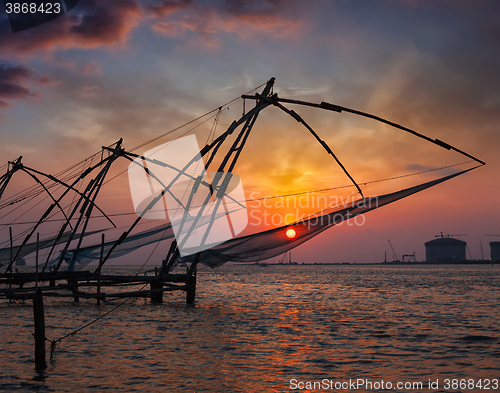 Image of Chinese fishnets on sunset. Kochi, Kerala, India