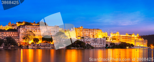 Image of Udaipur City Palace in the evening panoramic view. Udaipur, Indi