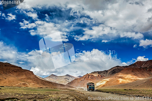 Image of Indian lorry on Trans-Himalayan Manali-Leh highway in Himalayas.