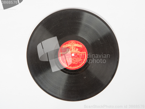 Image of Volgograd, Russia - May 21, 2015: An old gramophone record in a cover with a view of the Kremlin, the memory of 1905 Aprelevskiy Plant