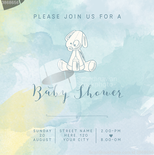 Image of watercolor baby boy shower card with retro toy