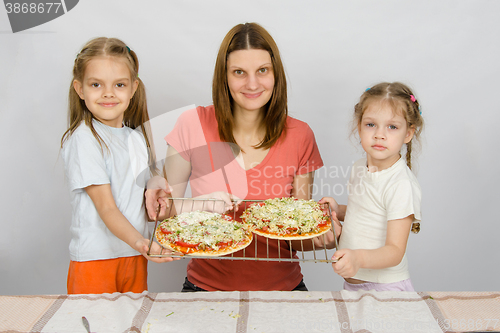 Image of Mom and two small daughters show the two had not yet made baked pizza on a baking sheet
