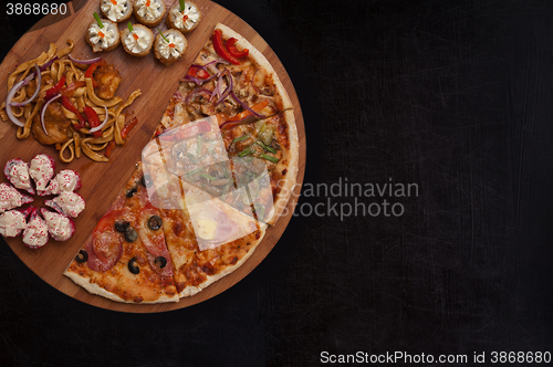 Image of pizza and sushi f