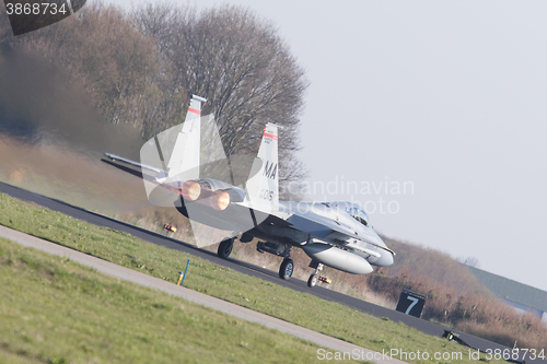 Image of LEEUWARDEN, NETHERLANDS - APRIL 11, 2016: US Air Force F-15 Eagl