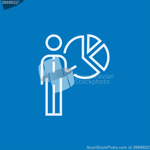 Image of Businessman pointing at the pie chart line icon.