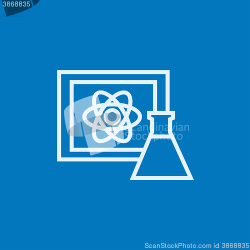 Image of Atom sign drawn on board and flask line icon.