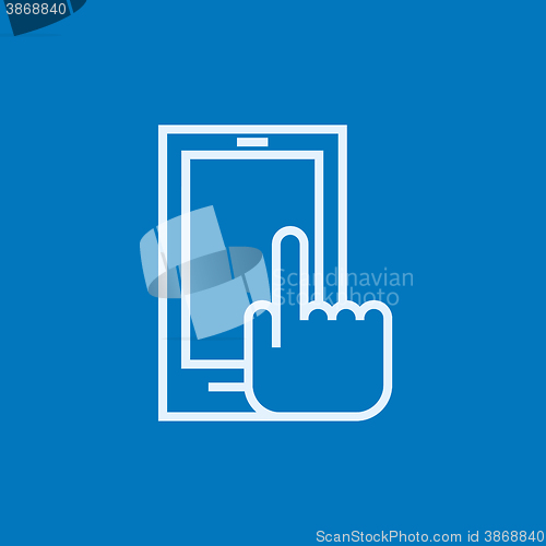 Image of Finger pointing at smart phone line icon.