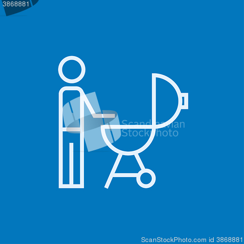 Image of Man at barbecue grill line icon.