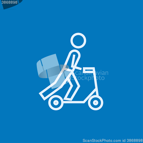 Image of Man riding kick scooter line icon.