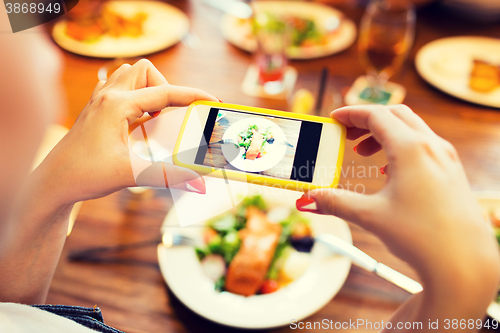 Image of hands photographing food by smartphone 