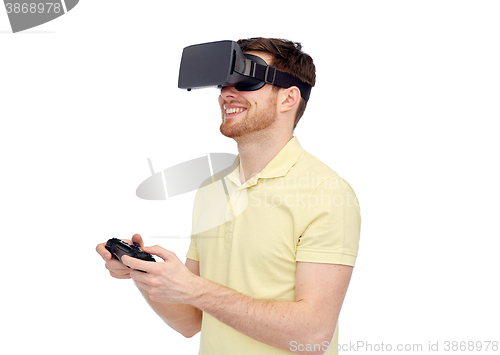 Image of man in virtual reality headset or 3d glasses