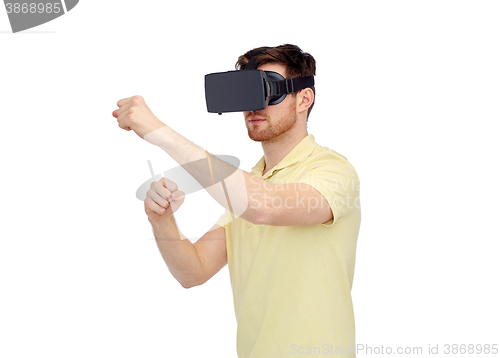 Image of man in virtual reality headset or 3d glasses