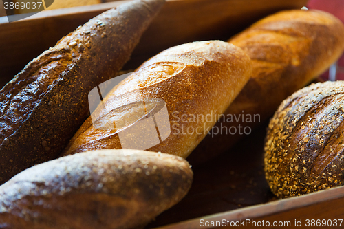 Image of close up of bread loafs at bakery