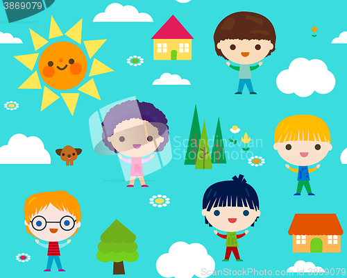 Image of summer camp seamless pattern with happy little kids 
