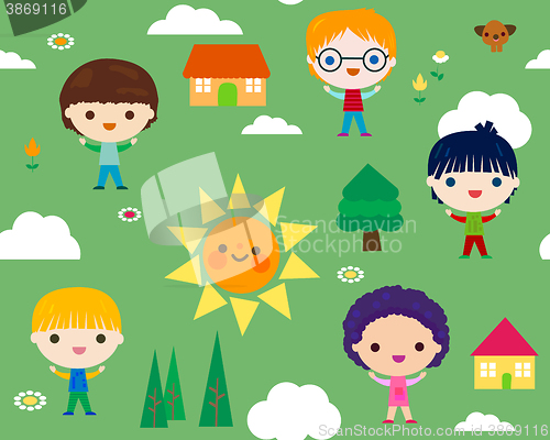 Image of summer camp seamless pattern with happy little kids 