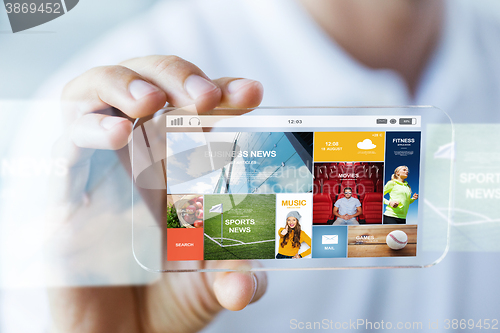 Image of close up of male hand with news on smartphone