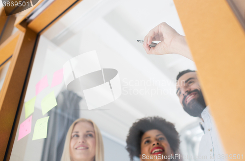 Image of happy creative team writing on blank office glass