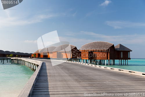 Image of bungalow huts in sea water on exotic resort beach