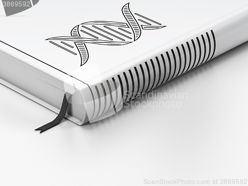 Image of Science concept: closed book, DNA on white background