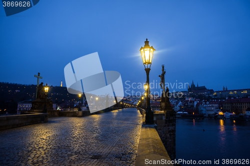 Image of Charles Bridge in Prague at dawn Czech Republic