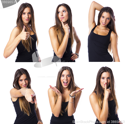 Image of composite of a cute young woman in different expression collage