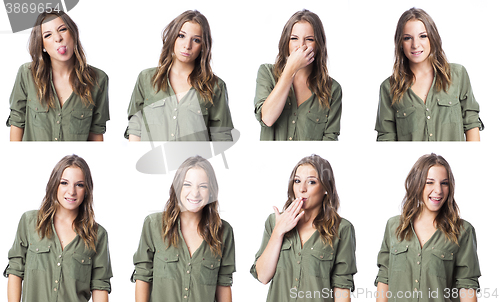 Image of composite of a cute young woman in different expression collage