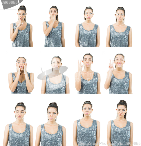 Image of cute young woman in different expression collage