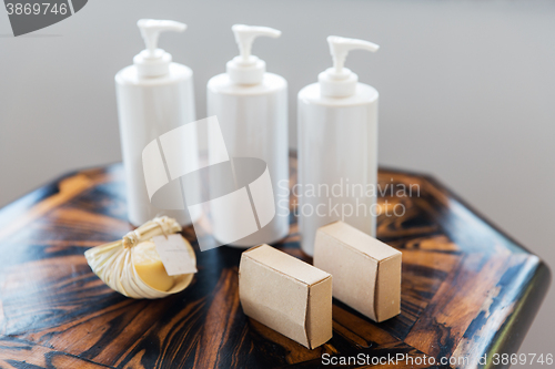 Image of close up of liquid soap or body lotion at bathroom