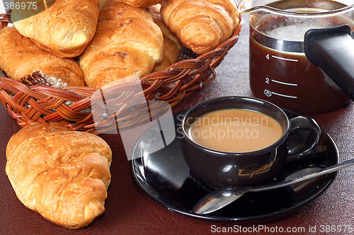 Image of cup of coffee with fresh croissants