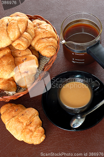 Image of cup of coffee with fresh croissants