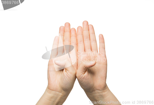 Image of close up of two hands showing eight fingers