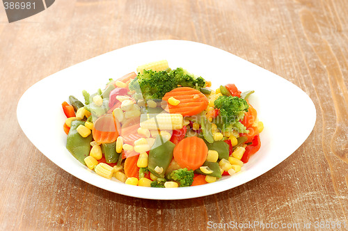 Image of cooked carrots sweet corn and broccoli on plate