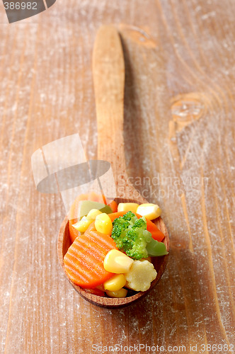 Image of cooked carrots sweet corn and broccoli in a wooden spoon