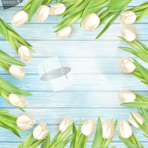 Image of Fresh white tulips on wood planks. EPS 10