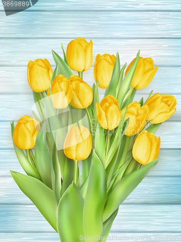 Image of Yellow tulips flowers on wooden planks. EPS 10