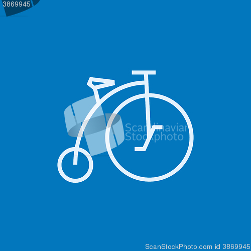 Image of Old bicycle with big wheel line icon.