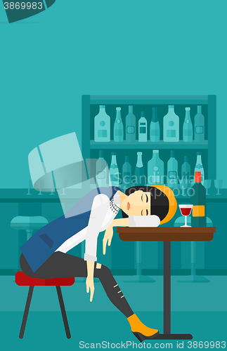 Image of Woman sleeping in bar. 