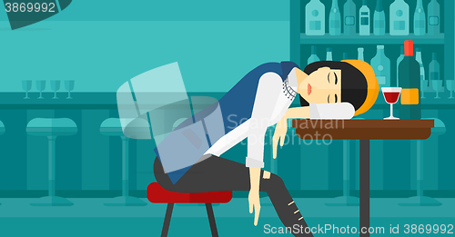 Image of Woman sleeping in bar. 