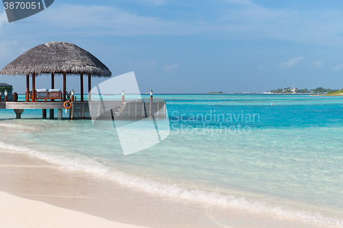 Image of patio or terrace with canopy on beach sea shore