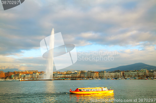 Image of Geneva cityscape overview with the Water Fountain (Jet d\'Eau)