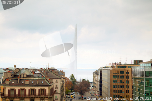 Image of Geneva cityscape overview with the Water Fountain (Jet d\'Eau)