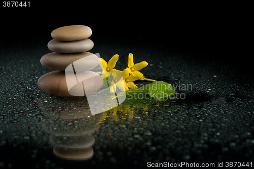 Image of balancing zen stones on black with yellow flower