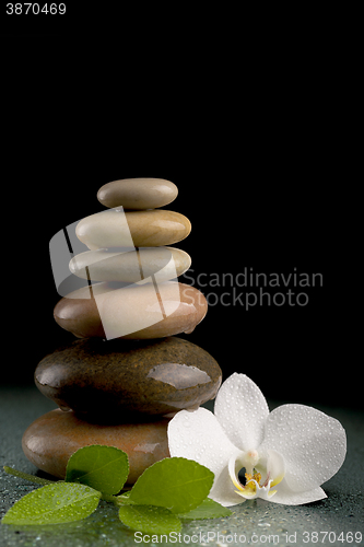 Image of balancing zen stones on black with white flower