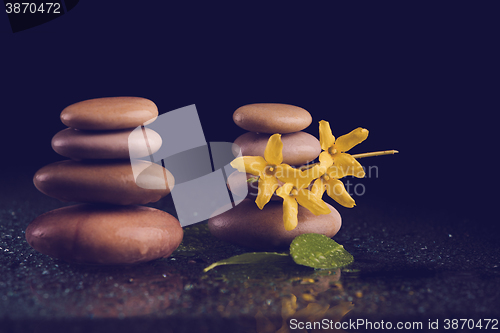 Image of balancing zen stones on black with yellow flower