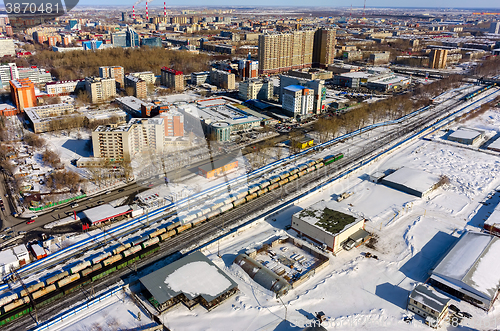 Image of Train between districts of Tyumen city. Russia
