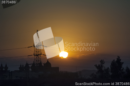 Image of Electricity tower in desert of Egypt at dusk